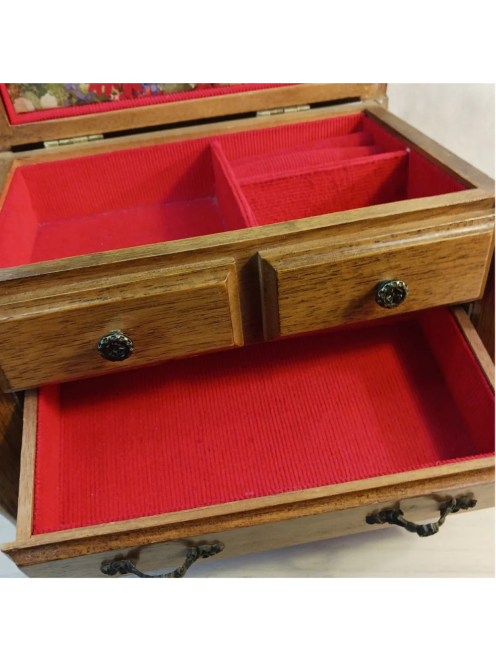 VTG Real Wood Wooden Musical Jewelry Box with Mirror & Drawer Red Interior